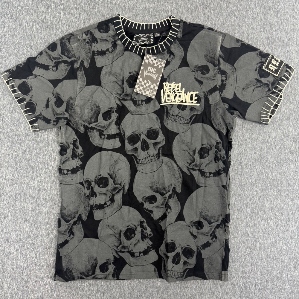 Rebel Vengeance Skull T Shirt Men Large Black Gray All Over Print Streetwear NEW - Picture 3 of 8